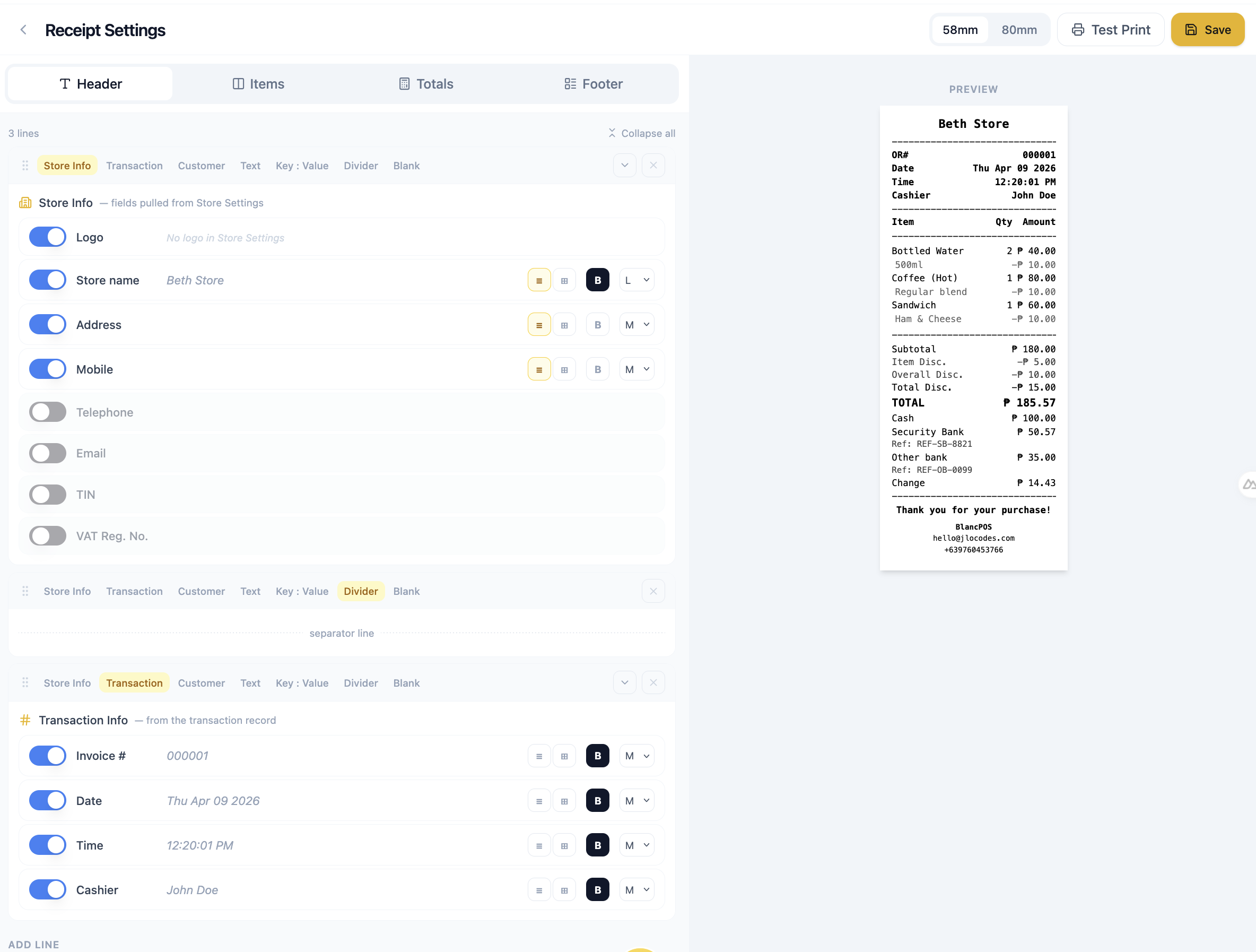 Receipt layout customizer